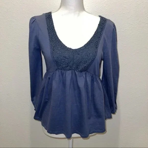 NWT Derek Heart Womens Crochet Babydoll Top Vintage Indigo Size Large $30 B83 - Picture 1 of 2